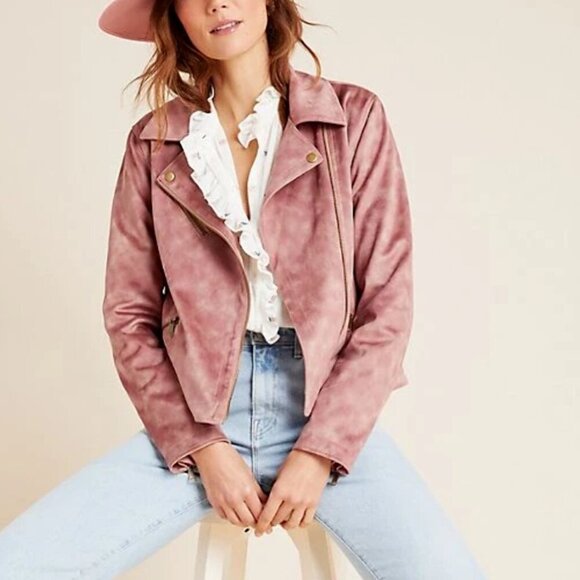 Anthropologie Moto Jacket Womens Pink Crop Micro Suede Leather Tie Dye - Picture 8 of 9